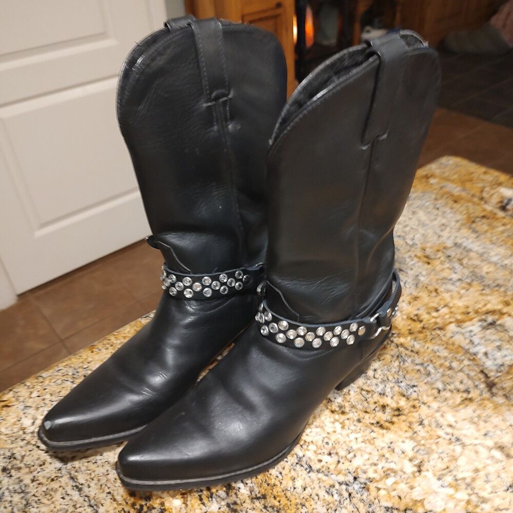 Dingo Moto Riding Western Boots Black Silver Chain Buckle Women's Size 8M D17340